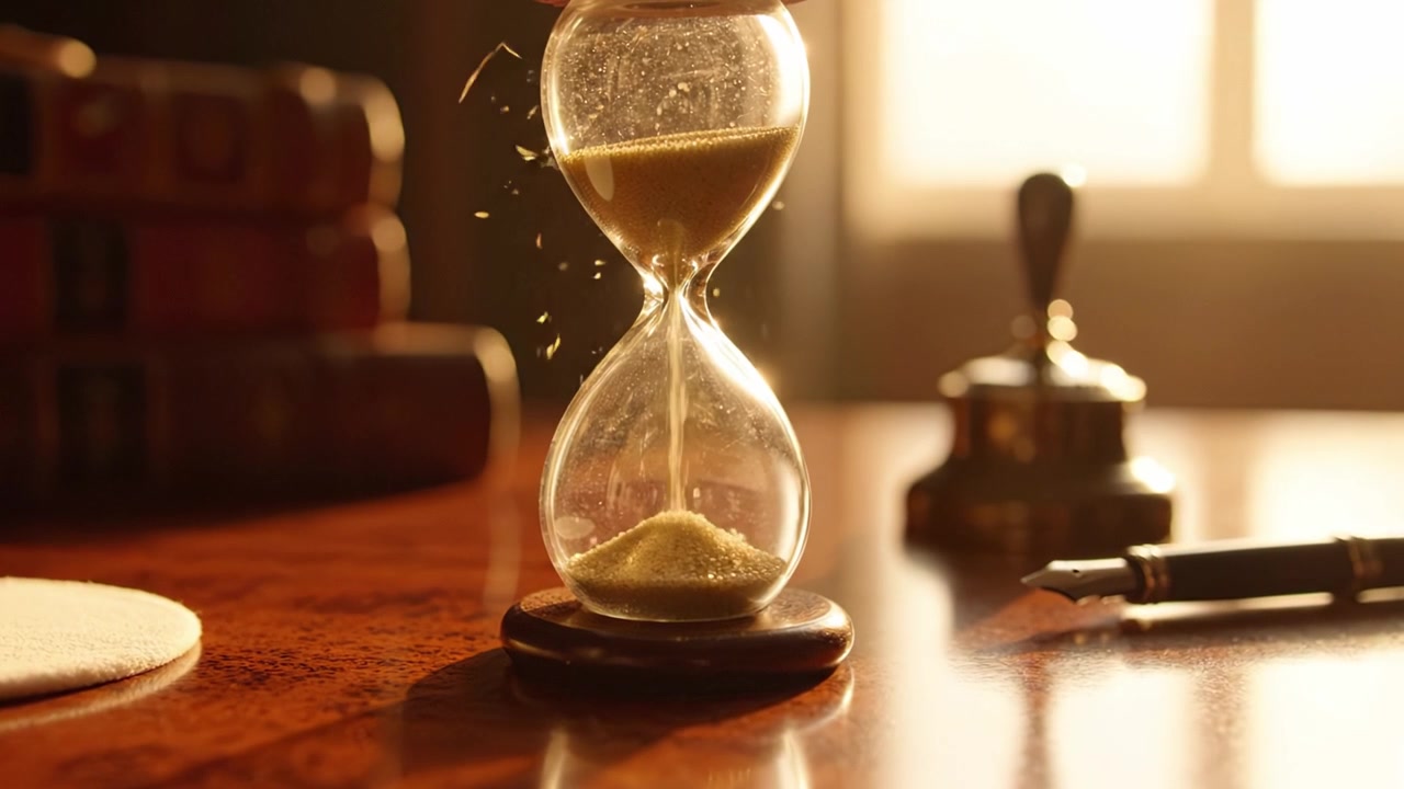 Un elegante reloj de arena capturando el flujo del tiempo sobre un escritorio de madera, rodeado de libros y una pluma estilográfica, con luz natural suave.