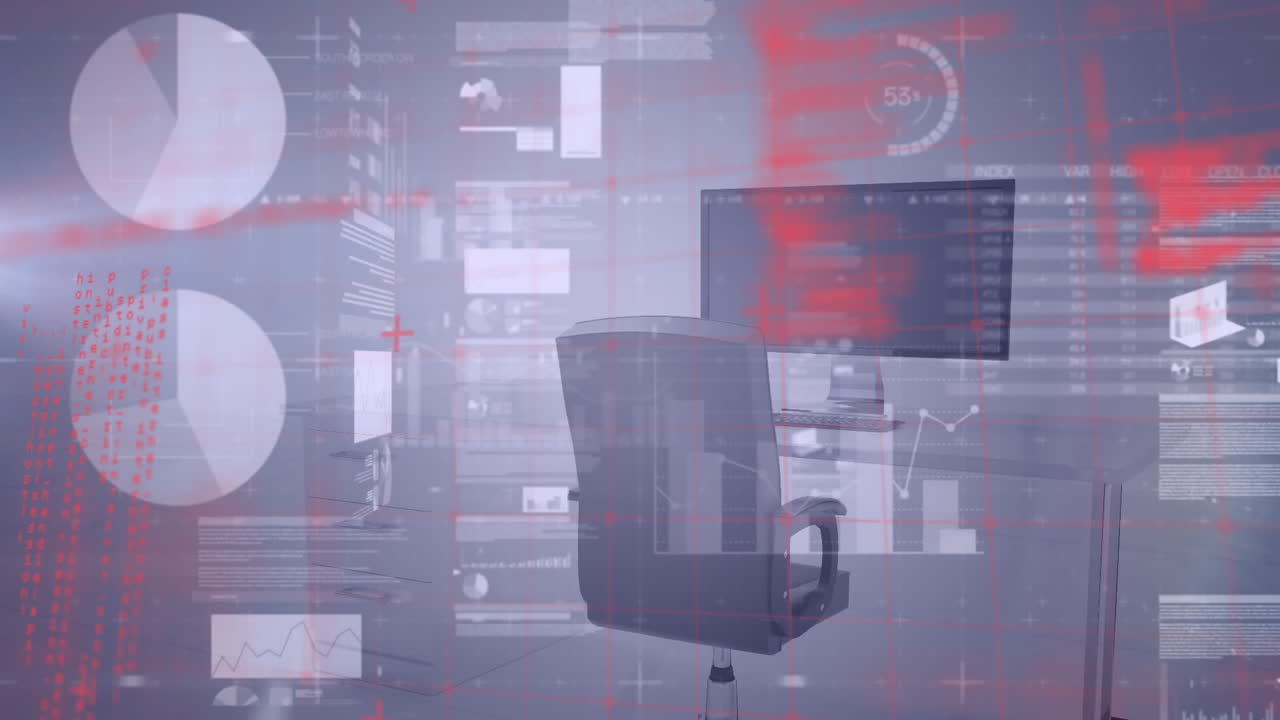 animación del procesamiento de datos estadísticos sobre el escritorio de la oficina contra un fondo gris.