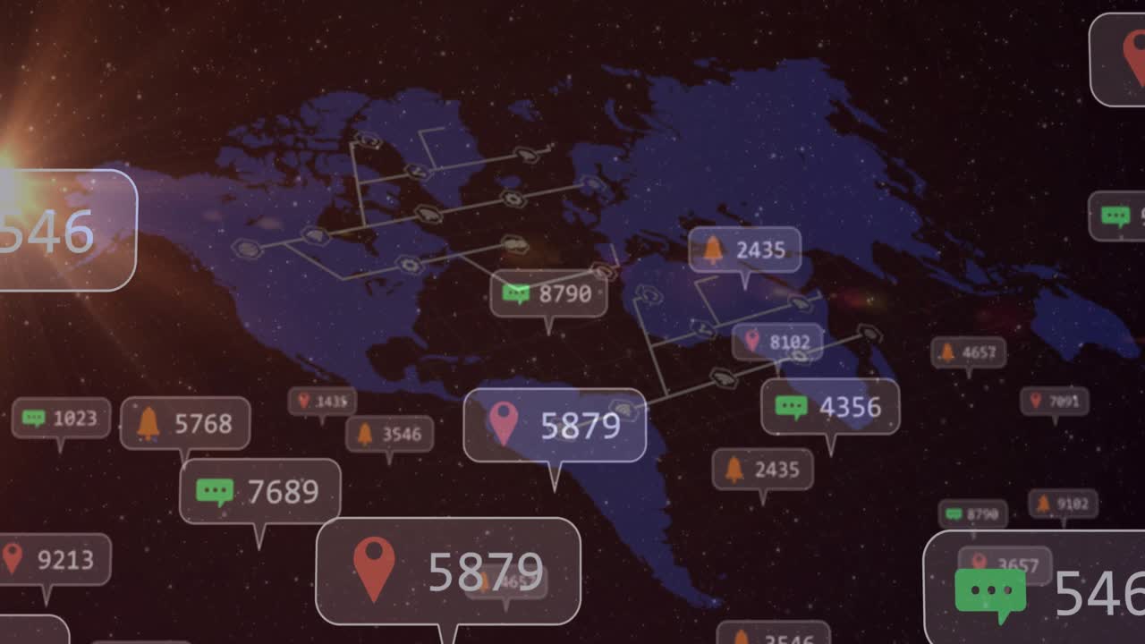 Location pin labeled 8102 appearing Central America starting icons forming lines showing network