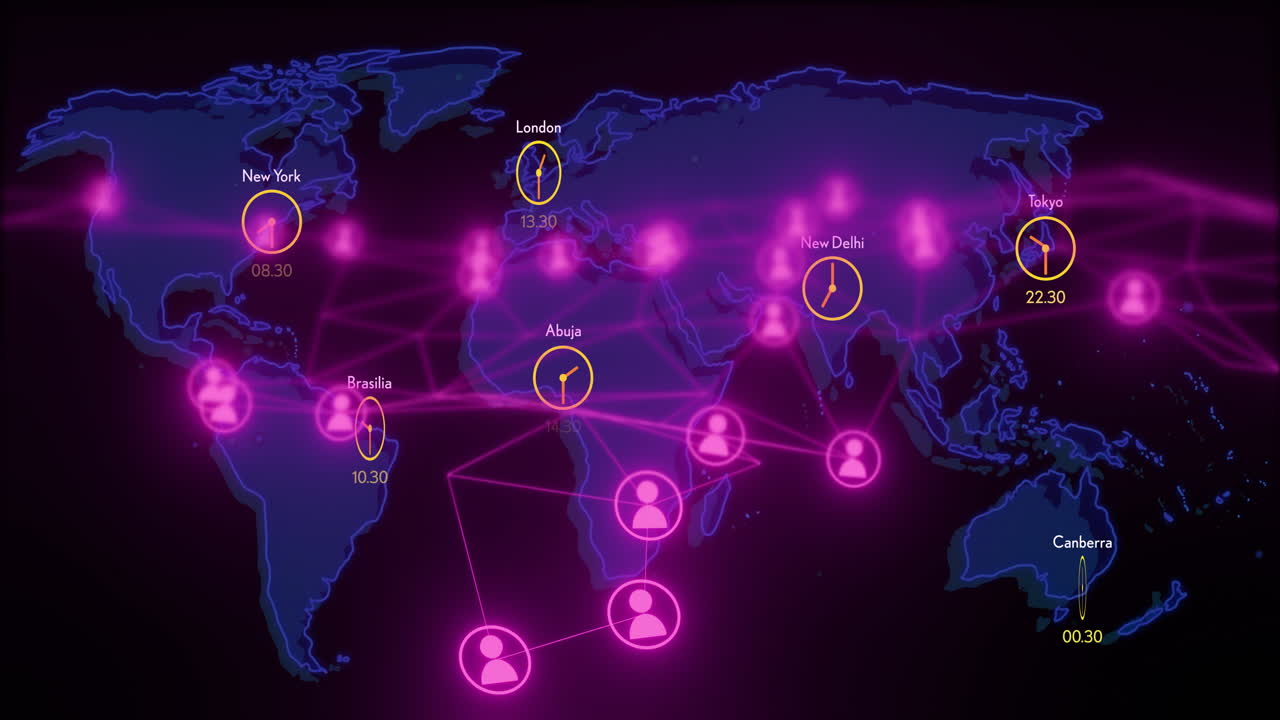 conexiones de red global y zonas horarias animación sobre el mapa del mundo
