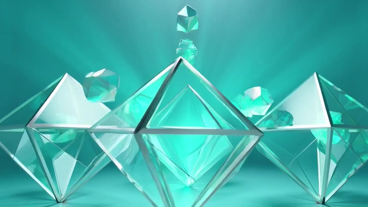 Abstract Animation of Rotating Geometric Crystal Shapes in Teal Light