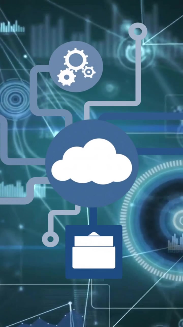 Animation of cloud and icons over network of connections on dark background
