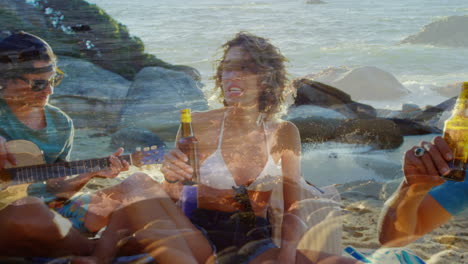 animación del paisaje sobre diversos amigos bebiendo cerveza en la playa