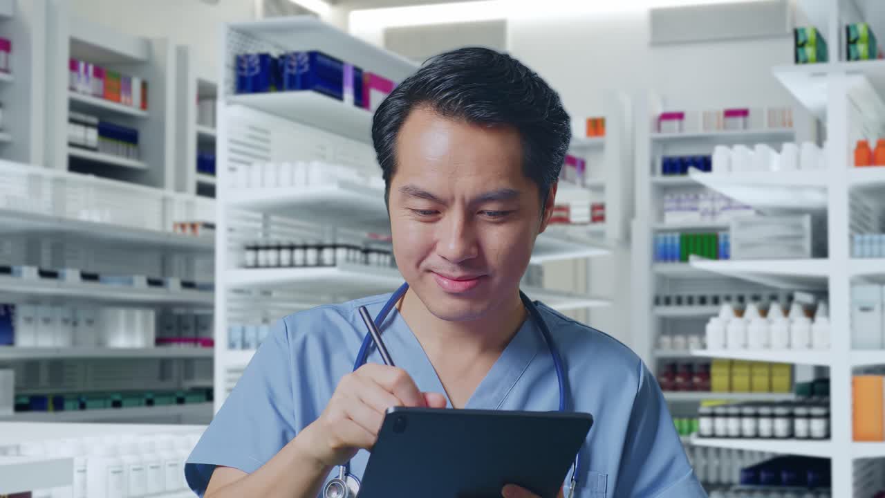 약국 에 서 있는 동안 태블릿 에 메모 를 하는 스테토스코프 를 들고 있는 아시아인 남성 의사 의 근접 사진
