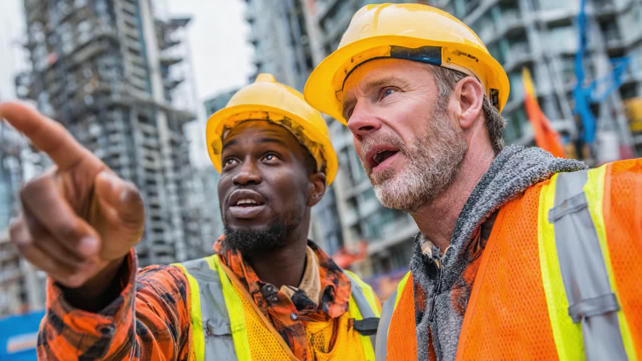 Construction Workers Collaborating on a Project with Focused Communication and Safety Gear Amidst Building Site Background