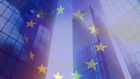european union stars animation over modern skyscrapers