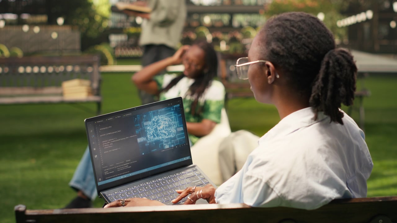 IT engineering student using AI and binary code on laptop screen