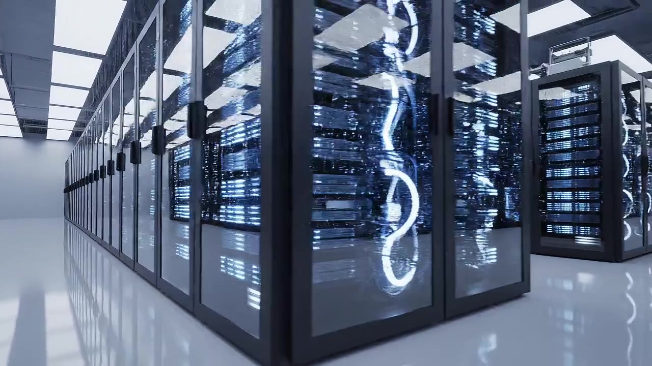 Modern Data Center Interior with Rows of Blue Server Racks