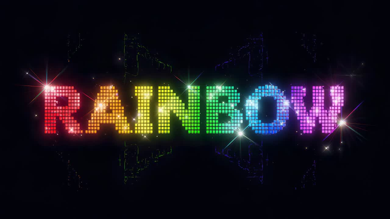 Animating word RAINBOW as frames advance, forming particles on black field, sparkling neon lines