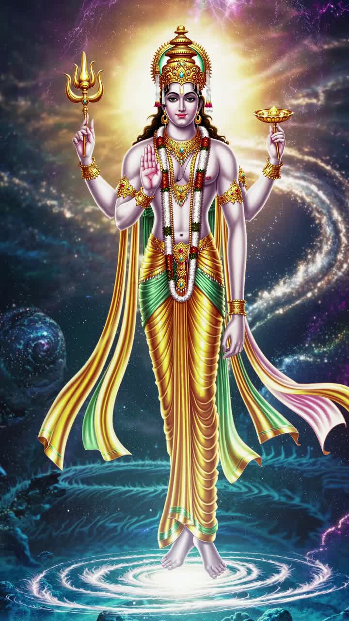 Vibrant digital artwork of a deity with multiple arms, cosmic background