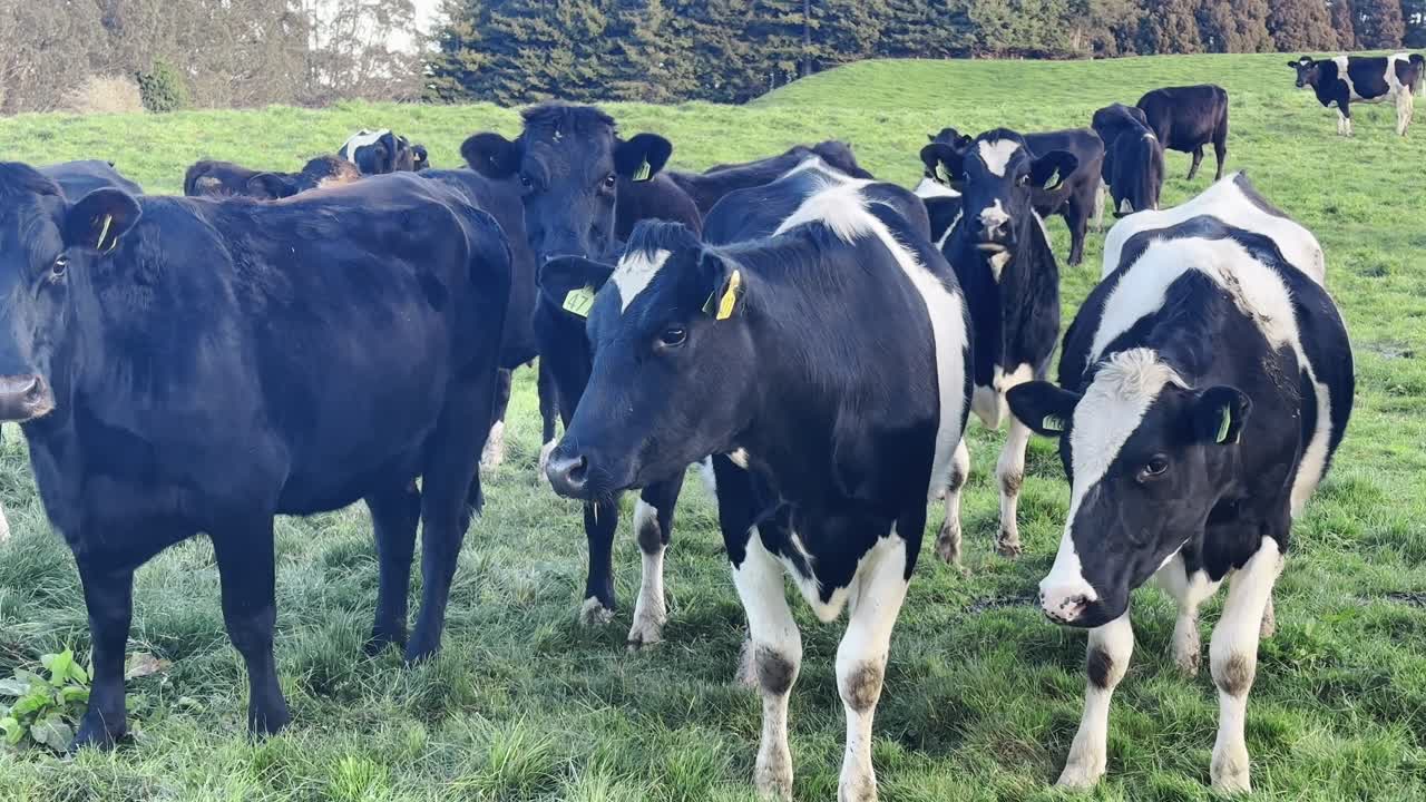 Cow dung in front of a herd of cows in a green field.