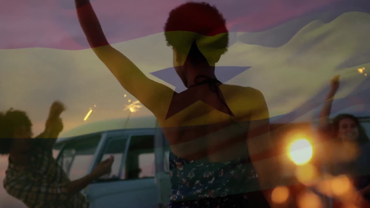 해변에서 즐겁게 지내는 친구 그룹 위에 가나의  ⁇ 발을 흔드는 애니메이션