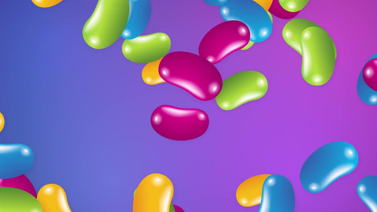 Gomitas de colores cayendo por el aire sobre un fondo degradado suave de morado y azul.