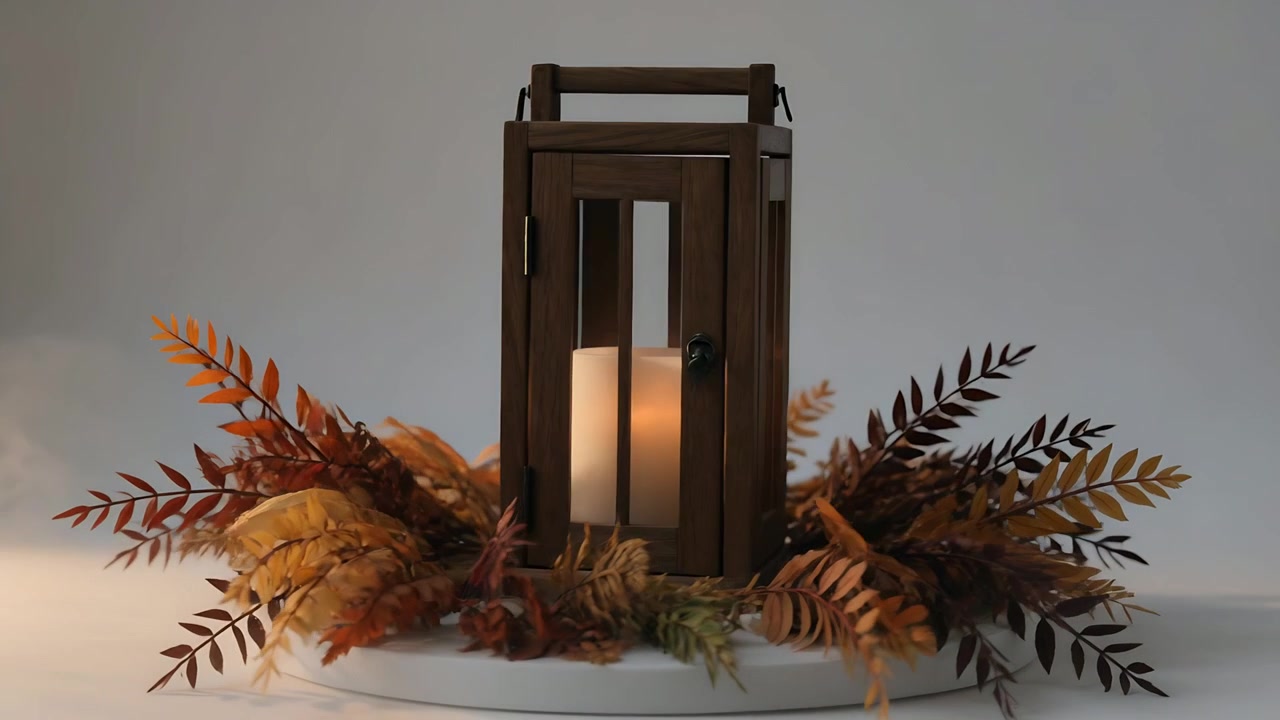 Lanterna di legno che ruota su un piatto girevole, rivelando una candela a colonna accesa su una base bianca con fogliame autunnale.