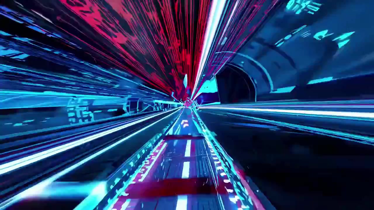 Volo veloce in tunnel astratto attraverso scie di luce al neon