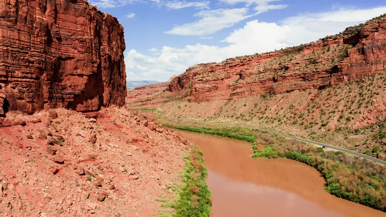 Drone flight up Colorado River in southern Utah where it cuts through ancient red stone gorges.