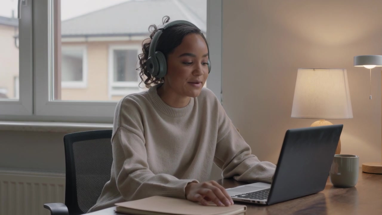 Taking call, woman in beige sweater at desk headset on listening, typing on laptop for meeting