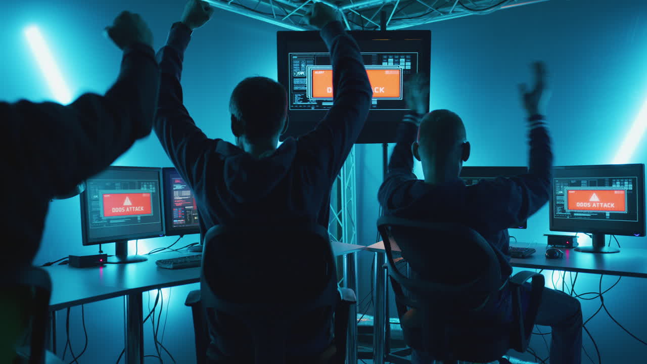 Cyber Attack Celebration in a High-Tech Room