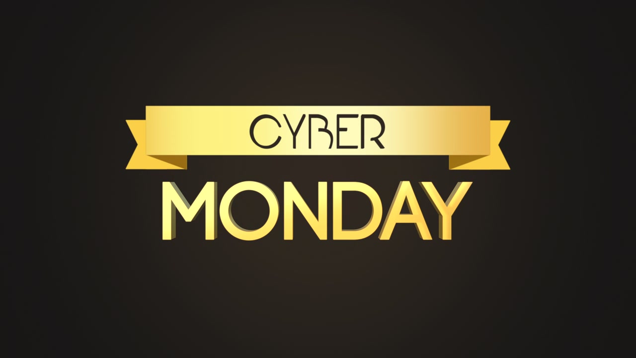 Texto moderno de Cyber Monday con cinta sobre degradado negro