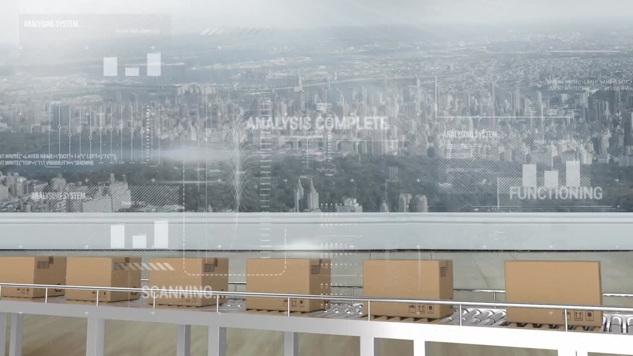 Animation der Statistikverarbeitung über Kartons auf einem Förderband und Stadtbild