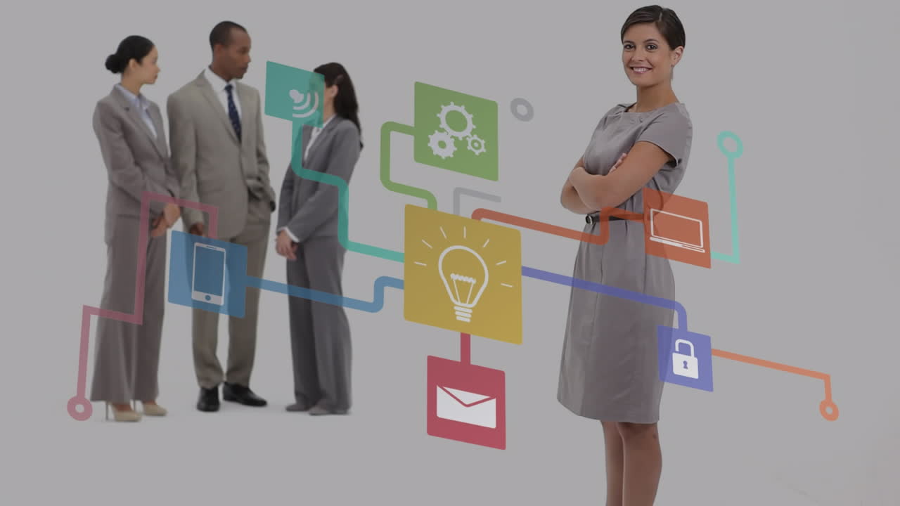 animación de iconos de los medios sobre diversas personas de negocios hablando