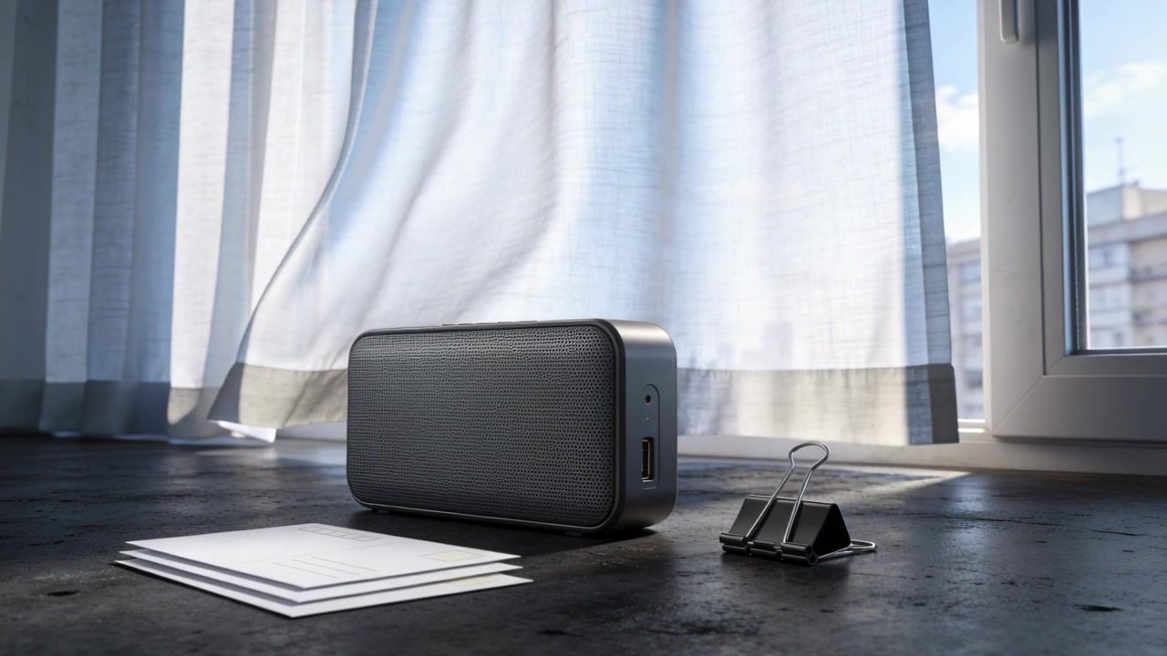 Billowing curtain, breeze revealing portable speaker on windowsill and casting shifting shadows