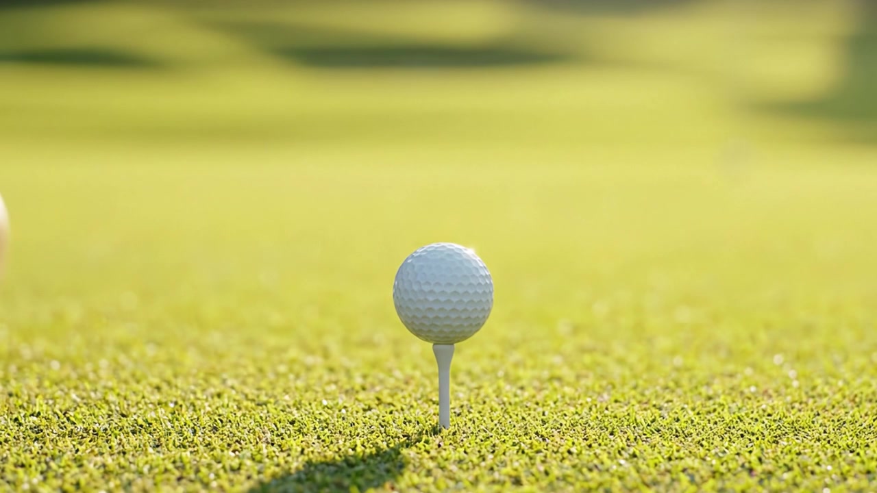 Een golfer bereidt zich zorgvuldig voor om af te slaan door een golfbal op een tee te plaatsen, wat precisie en focus op de groene golfbaan met prachtige belichting benadrukt.