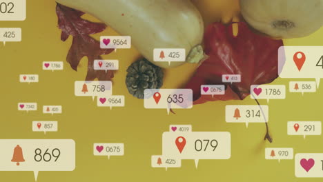 notificaciones de las redes sociales animación sobre hojas de otoño y calabaza sobre fondo amarillo