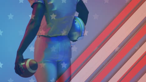 animation of african american american football player with ball and helmet and flag of usa