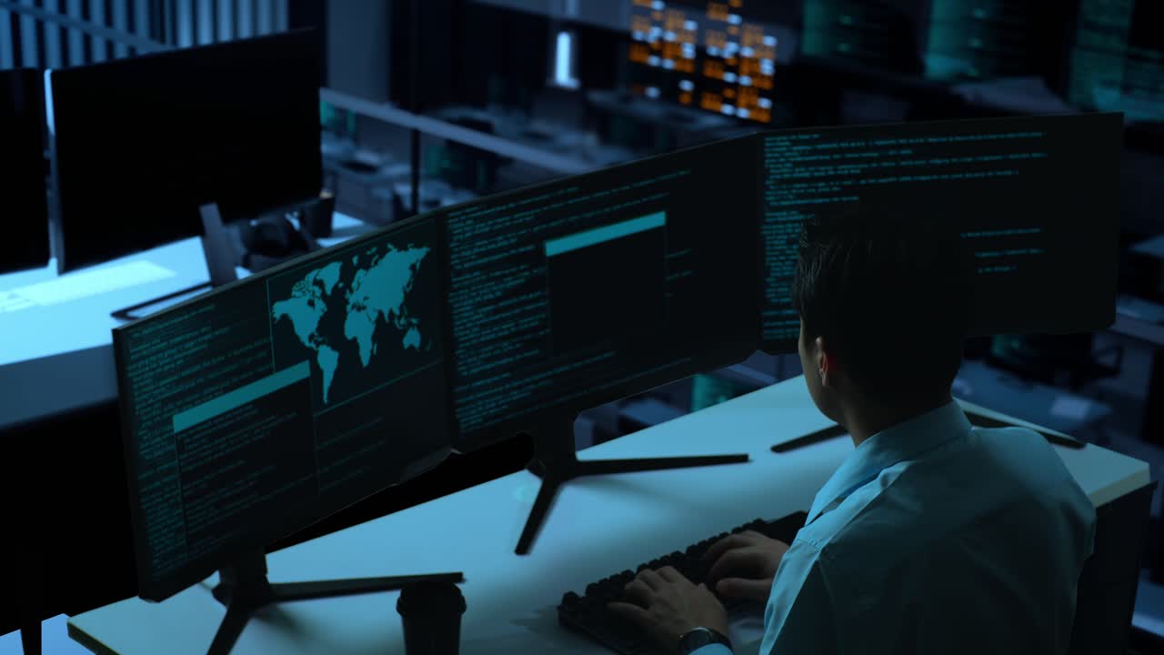 Side View Of Asian Man Developer Using Computer To Write Code With Multiple Screens In The Office