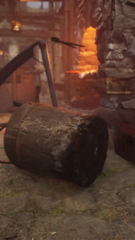 a blacksmith's workshop with a glowing forge and a wooden bucket in the foreground