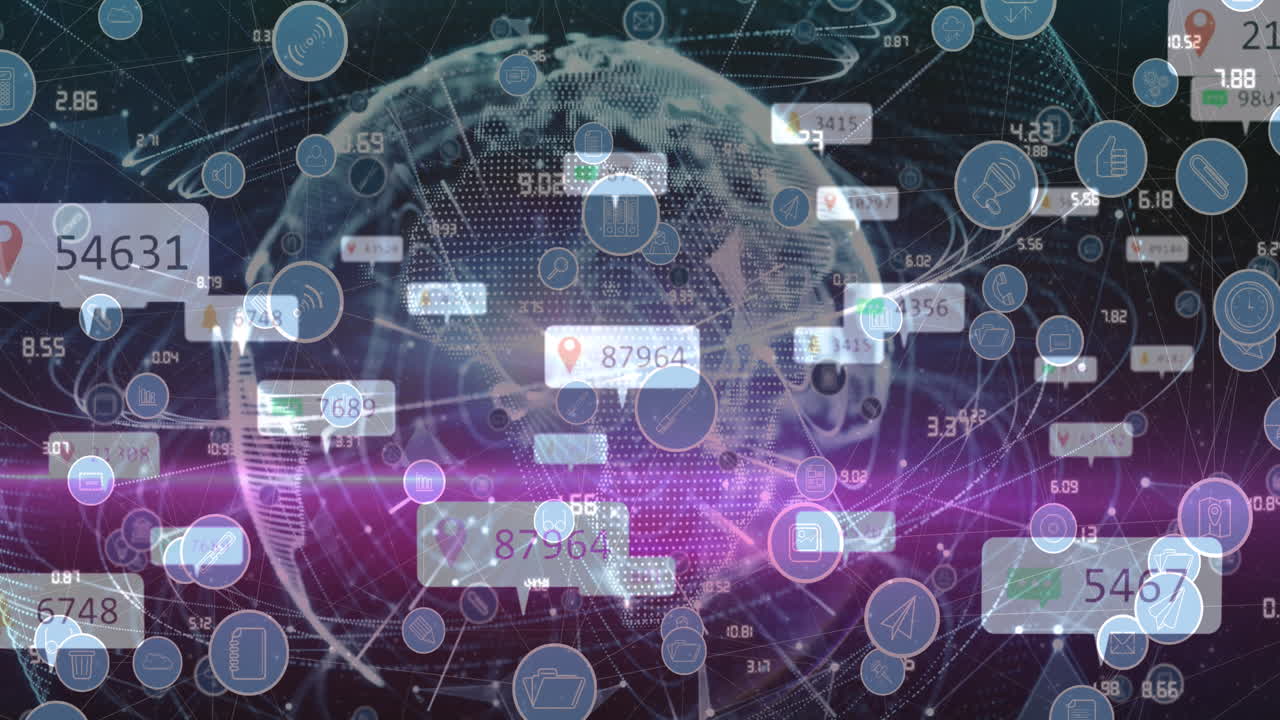 animación de iconos tecnológicos y reacciones de las redes sociales moviéndose en fondo negro con globo