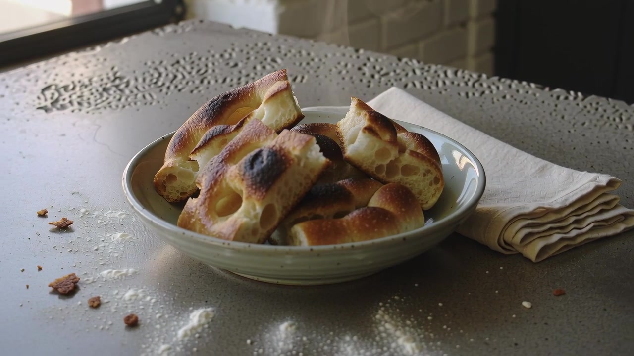 Afastamento da câmera de um enquadramento fechado revelando uma tigela de focaccia rasgada na mesa da cozinha e guardanapos