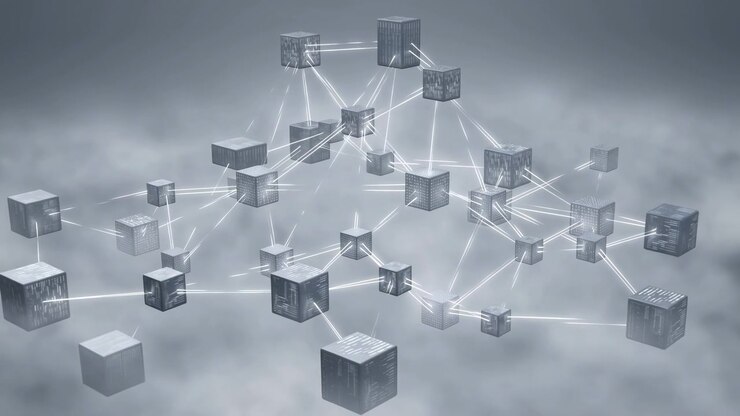 Patterned metallic cubes drift at different depths while luminous lines connect across the frame, building a dense geometric network over a foggy gray background with soft diffuse lighting.