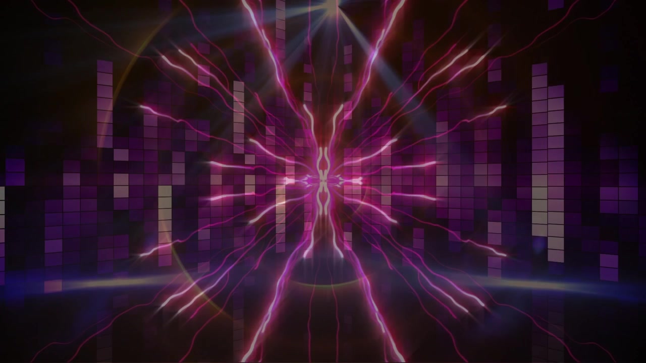 Animazione digitale di onde digitali rosa su quadrati a mosaico viola, su sfondo nero.