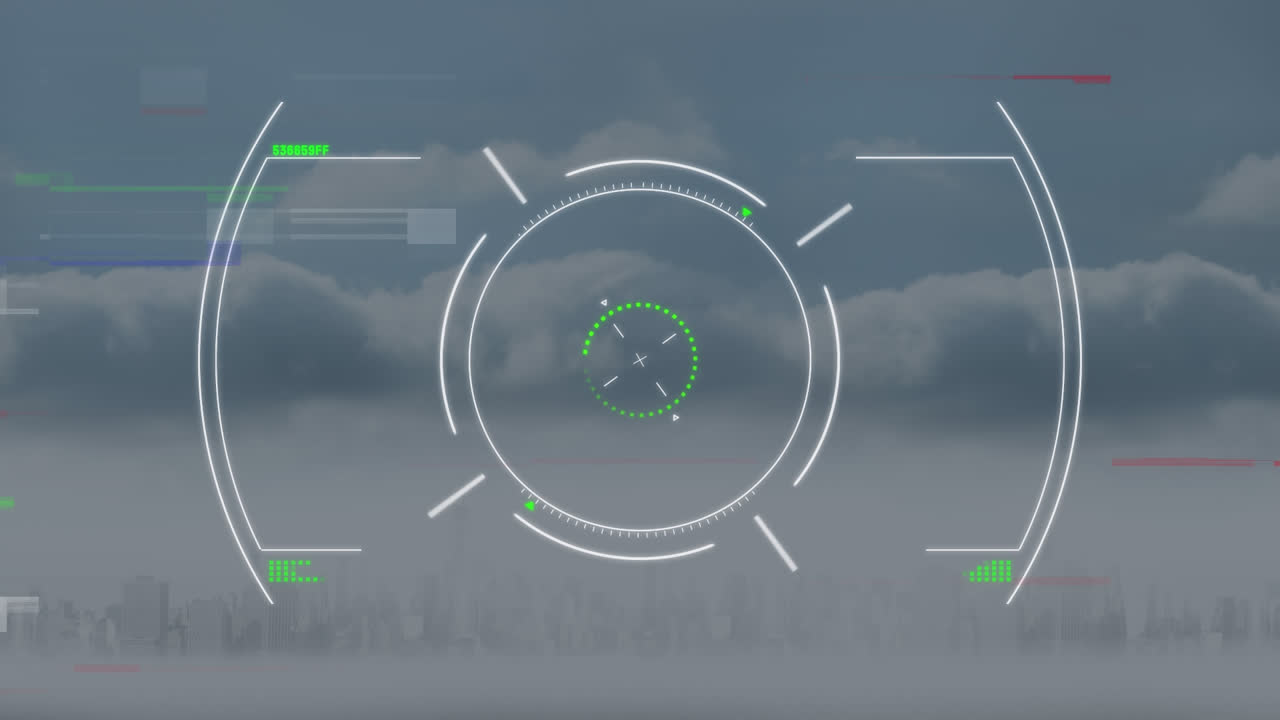 анимация масштаба сканирования и помех над городским пейзажем