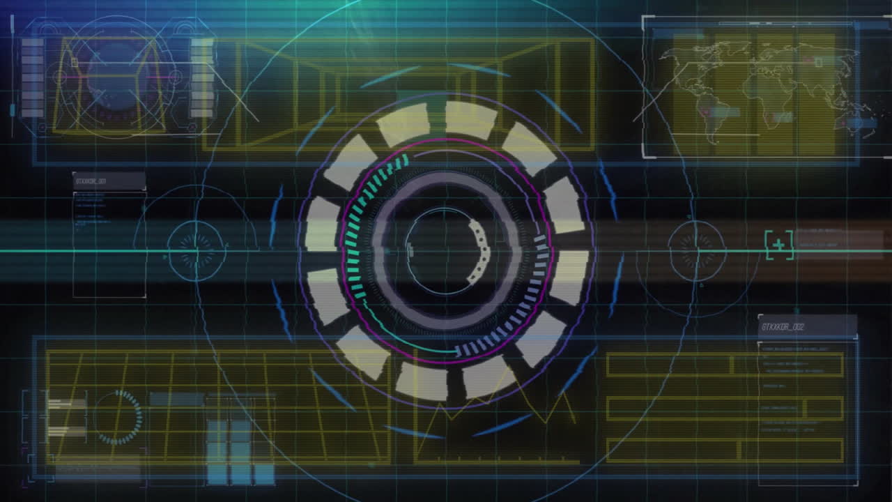 Concentric circular 3D HUD graphic spinning over dark backdrop with neon rings and data panels