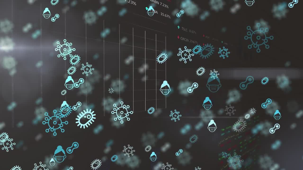 검은색 배경의 얼굴 마스크에 코로나 세포와 아이콘의 애니메이션