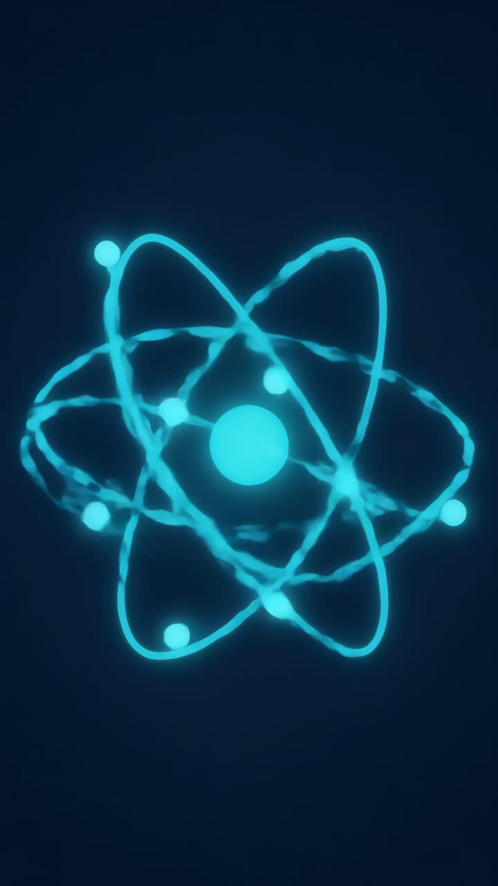 A glowing atomic structure with orbiting electrons on a dark background