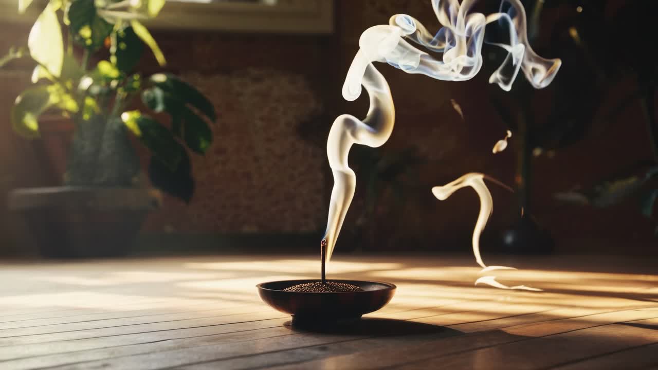 Low-angle video shot of incense burning in a serene room, sunlight streaming
