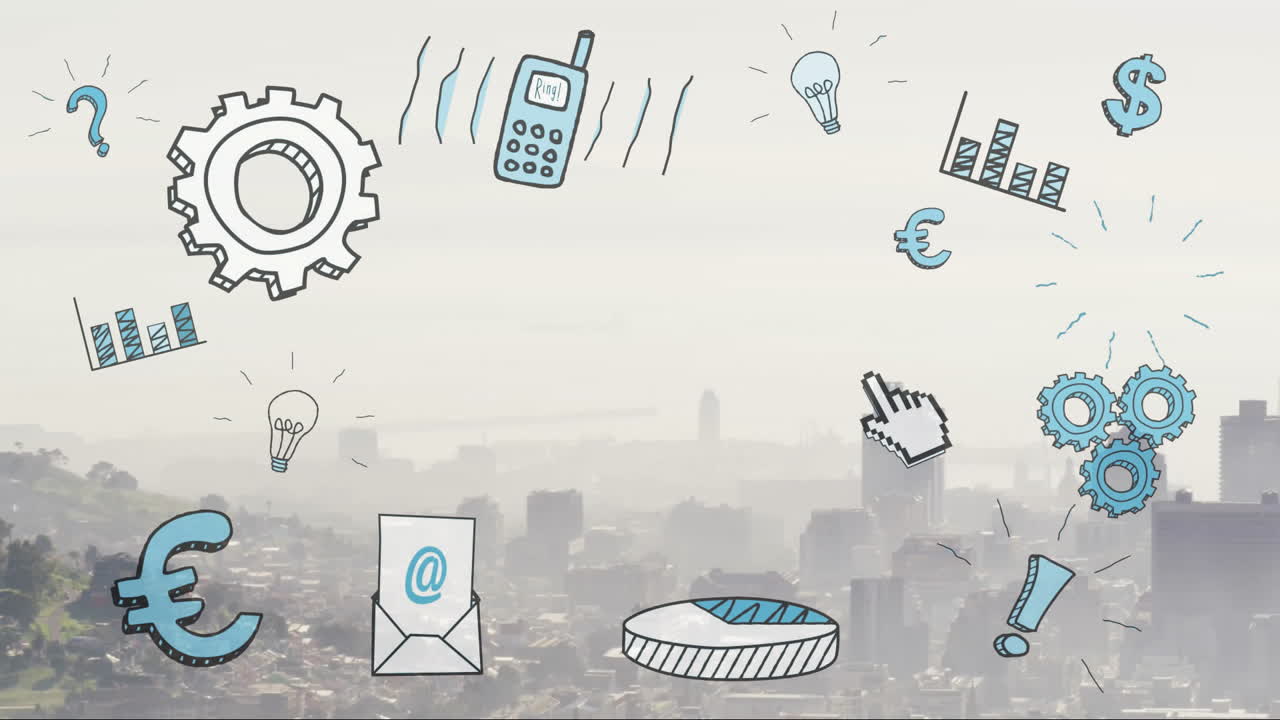 Hand-drawn business and tech icons floating above foggy urban skyline, showing charts and symbols