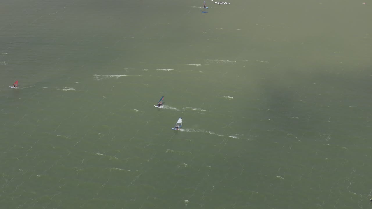 Top down view of windsurfing at Ijsselmeer near Makkum, aerial