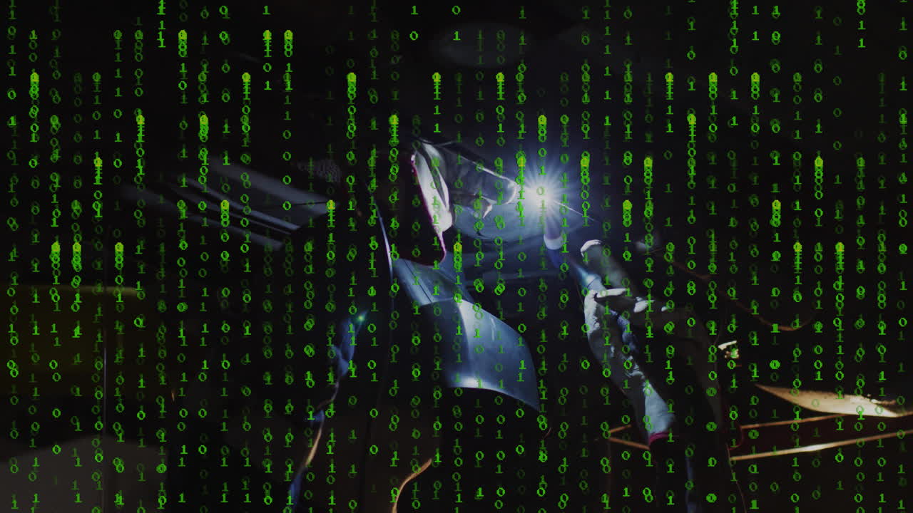 Green binary code animation over futuristic robotic machinery with glowing light