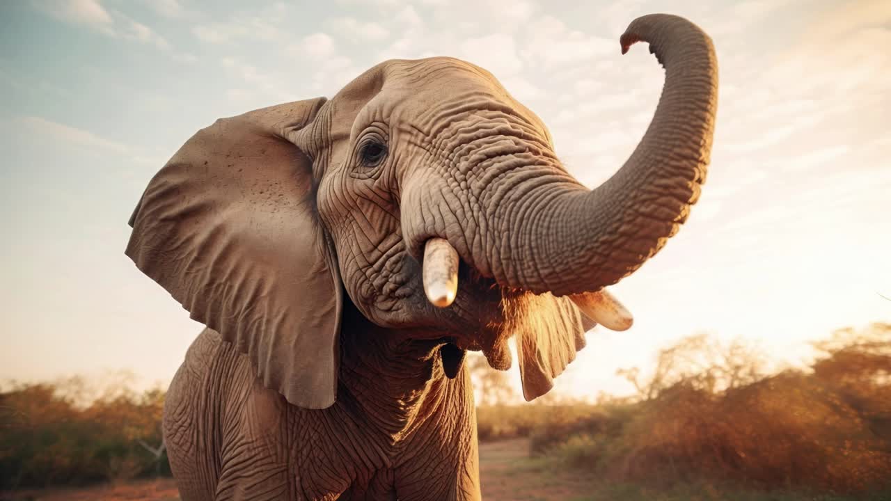 Close-up video shot of an elephant from a low angle, capturing its majestic presence against a warm