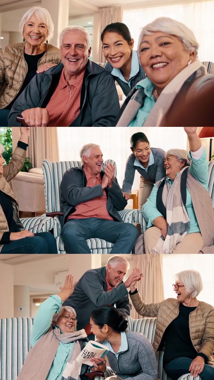 Group of Seniors and Caregiver Celebrating Together in Assisted Living