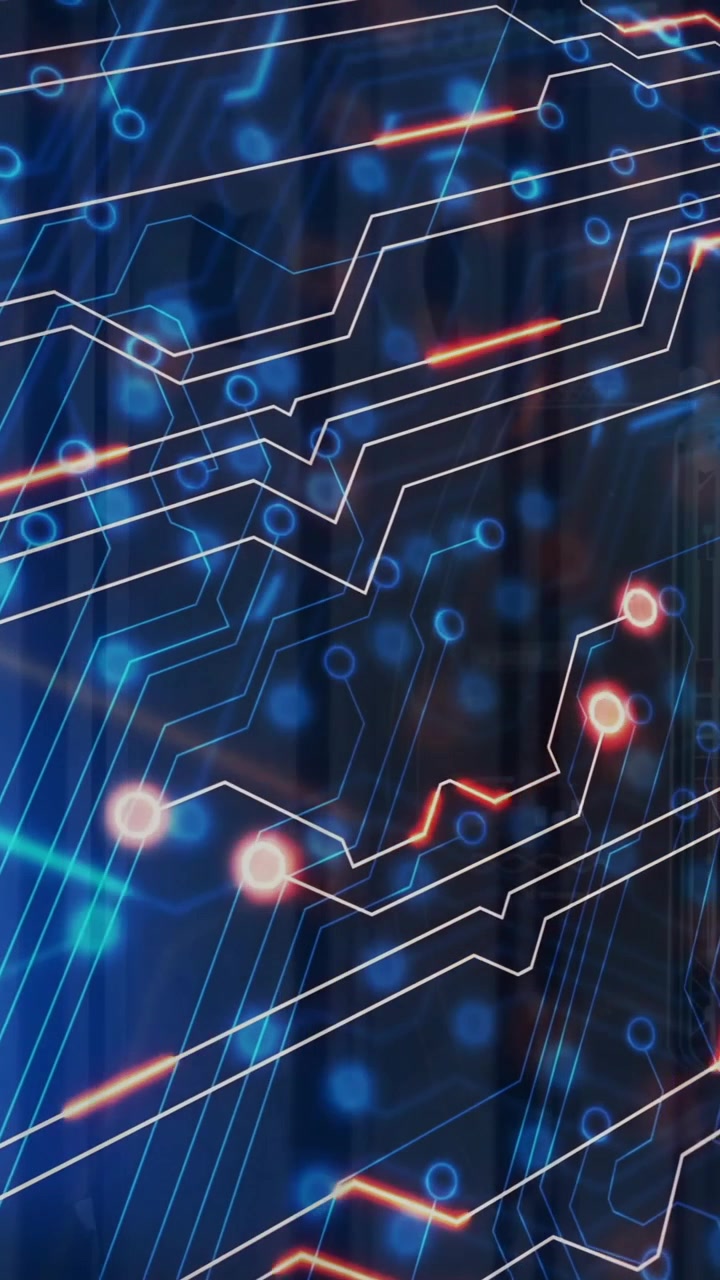 Animation of circuit board and digital data processing over computer servers
