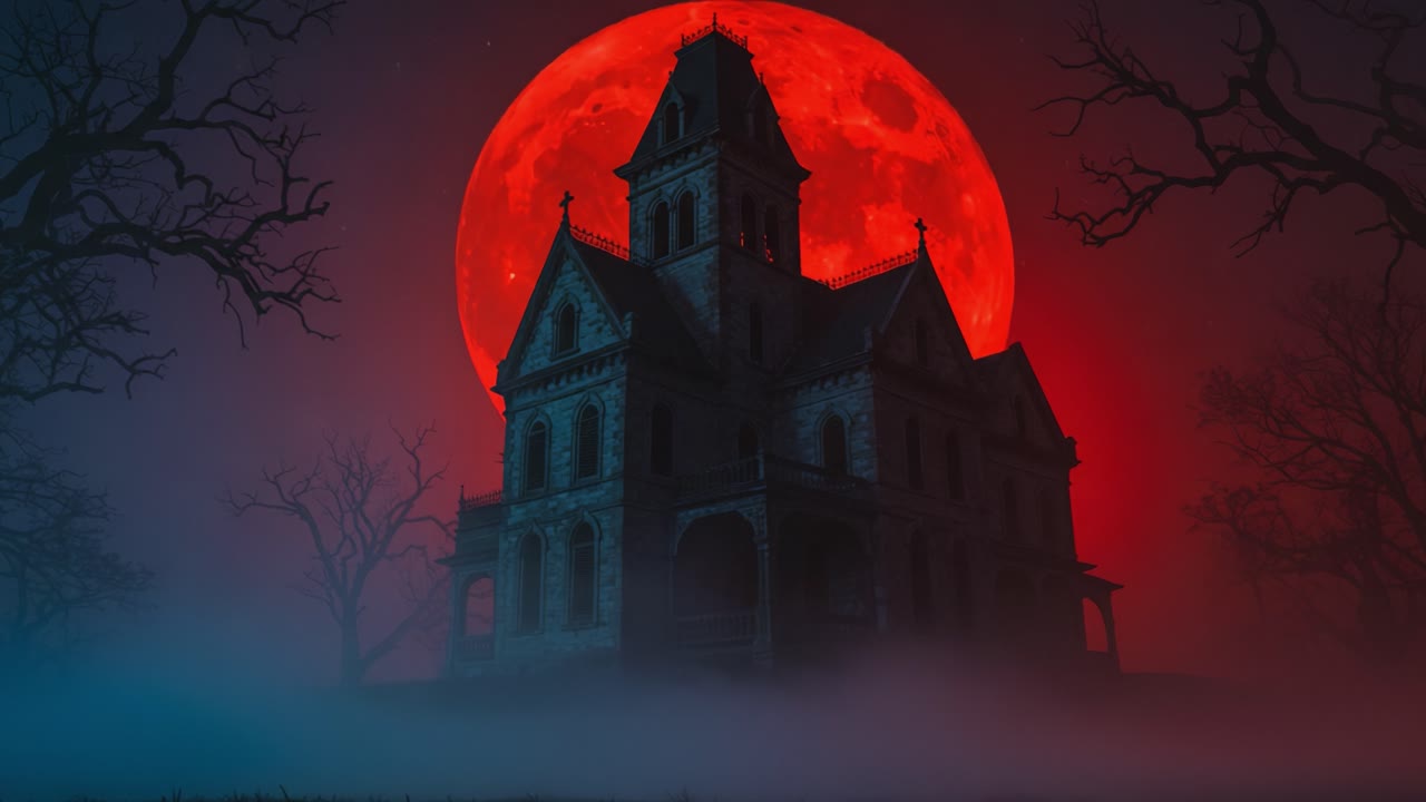 A hauntingly beautiful image of a decaying mansion silhouetted against a vibrant red moon, shrouded in fog and surrounded by twisted trees, evoking a chilling atmosphere