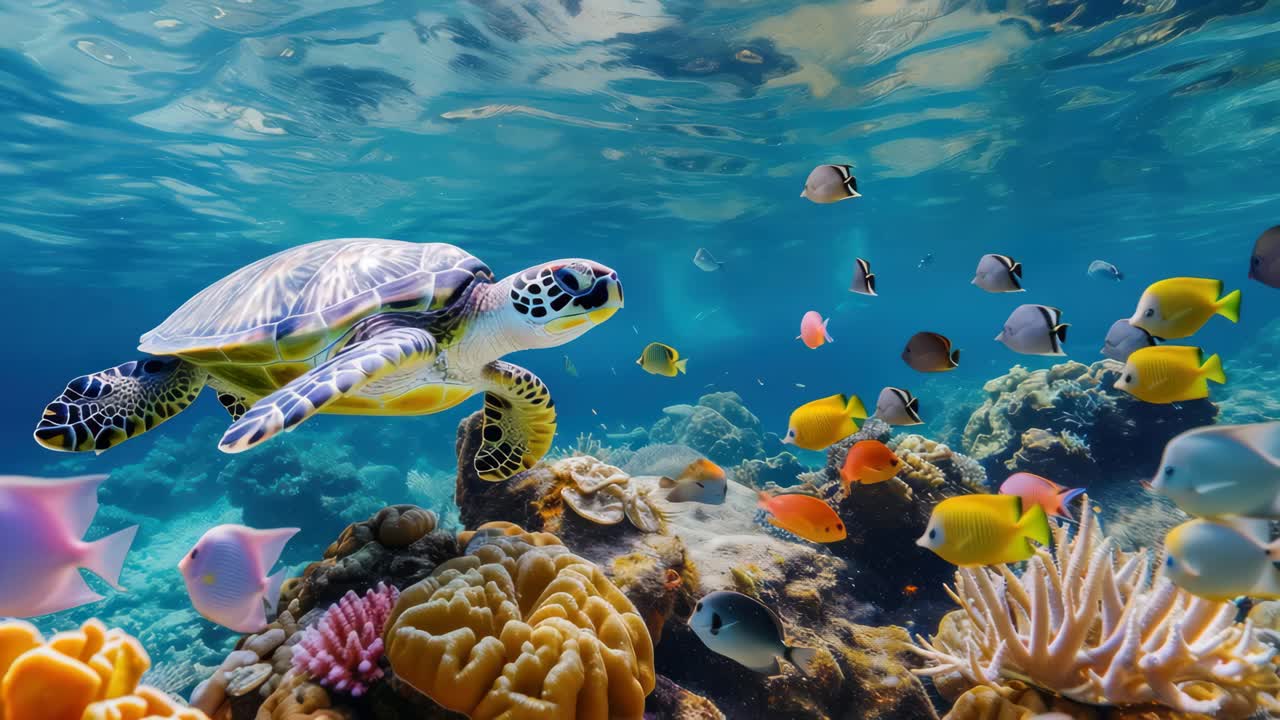 Vivace scena video subacquea con una visuale dal basso di una tartaruga marina che nuota tra pesci colorati