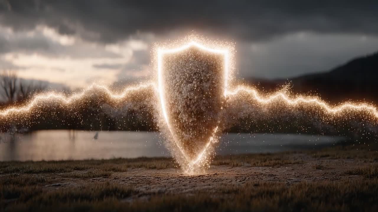 A Captivating Display of Sparkling Energy Forms a Shield Shape Against a Serene Outdoor Backdrop, Capturing Nature's Beauty with a Magical Touch