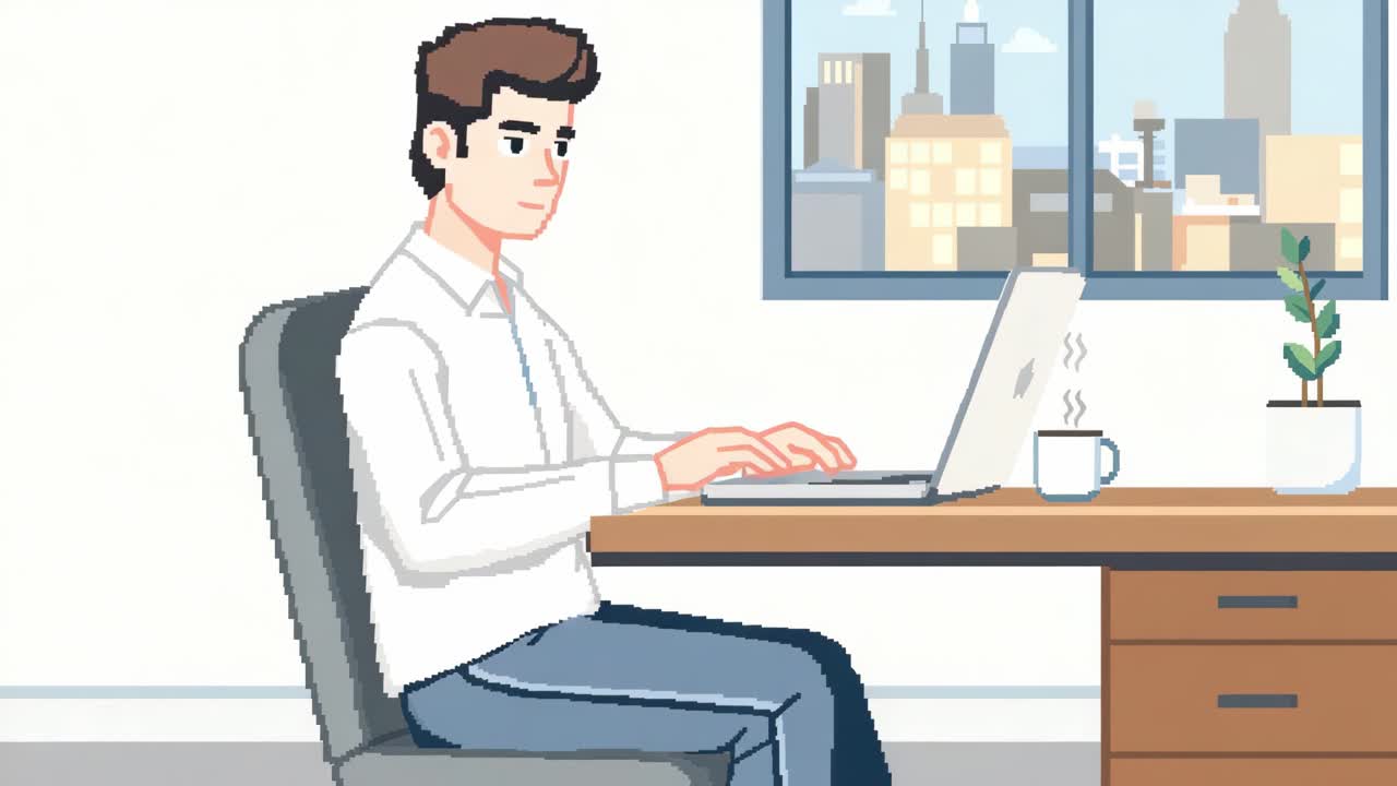 Animated male character in a modern office setting, typing on a laptop at a desk with coffee cup and plant, showcasing focused work and productivity in a vibrant environment